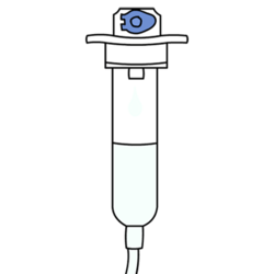 An IV drip chamber with 1 drop (ggt) of fluid dripping down