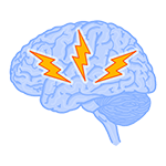 A blue brain with yellow lightning bolts depicting a seizure